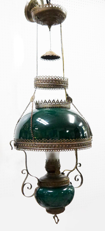 Appraisal: CASED GLASS SHADE AND FONT BRASS CEILING LIGHT Electrified embossed