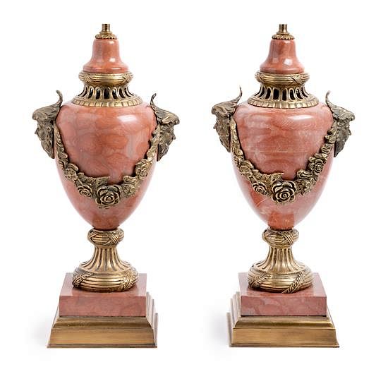 Appraisal: A Pair of Neoclassical Gilt Bronze Mounted Marble Urns Height