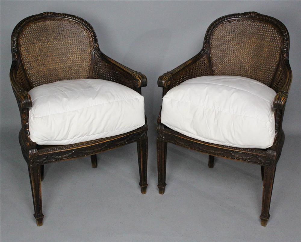 Appraisal: PAIR OF LOUIS XVI STYLE WALNUT CANED BERGERES late th