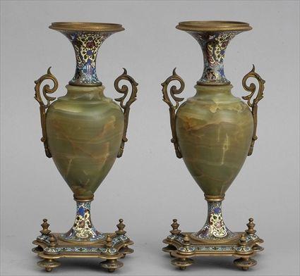 Appraisal: PAIR OF FRENCH CLOISONN -MOUNTED GREEN ONYX MANTEL VASES Each