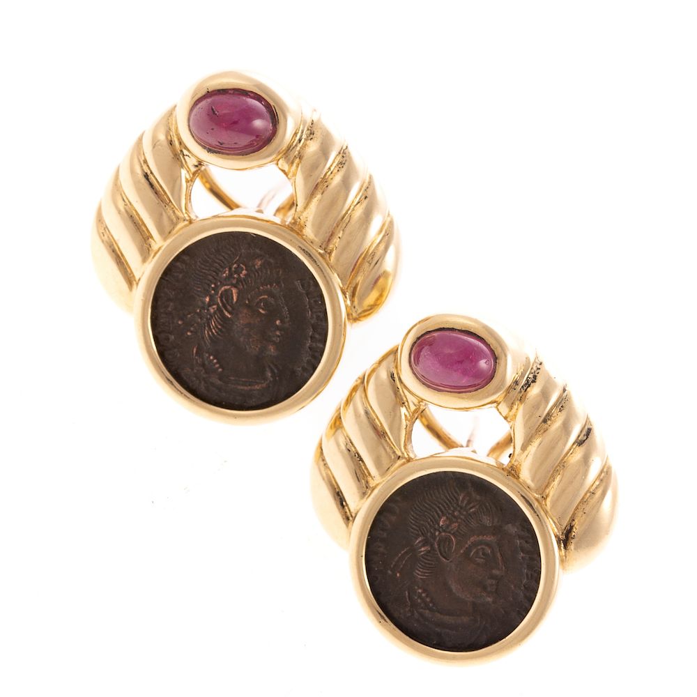 Appraisal: A Pair of Ruby Roman Coin Earrings in K K