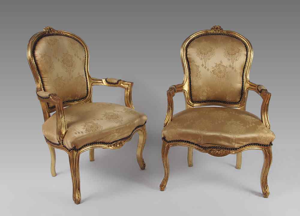 Appraisal: PAIR FRENCH GILT WOOD BERGERE CHAIRS Carved crest all over