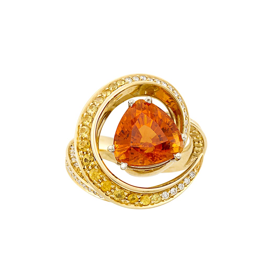 Appraisal: Gold Orange Garnet Yellow Sapphire and Diamond Ring kt one