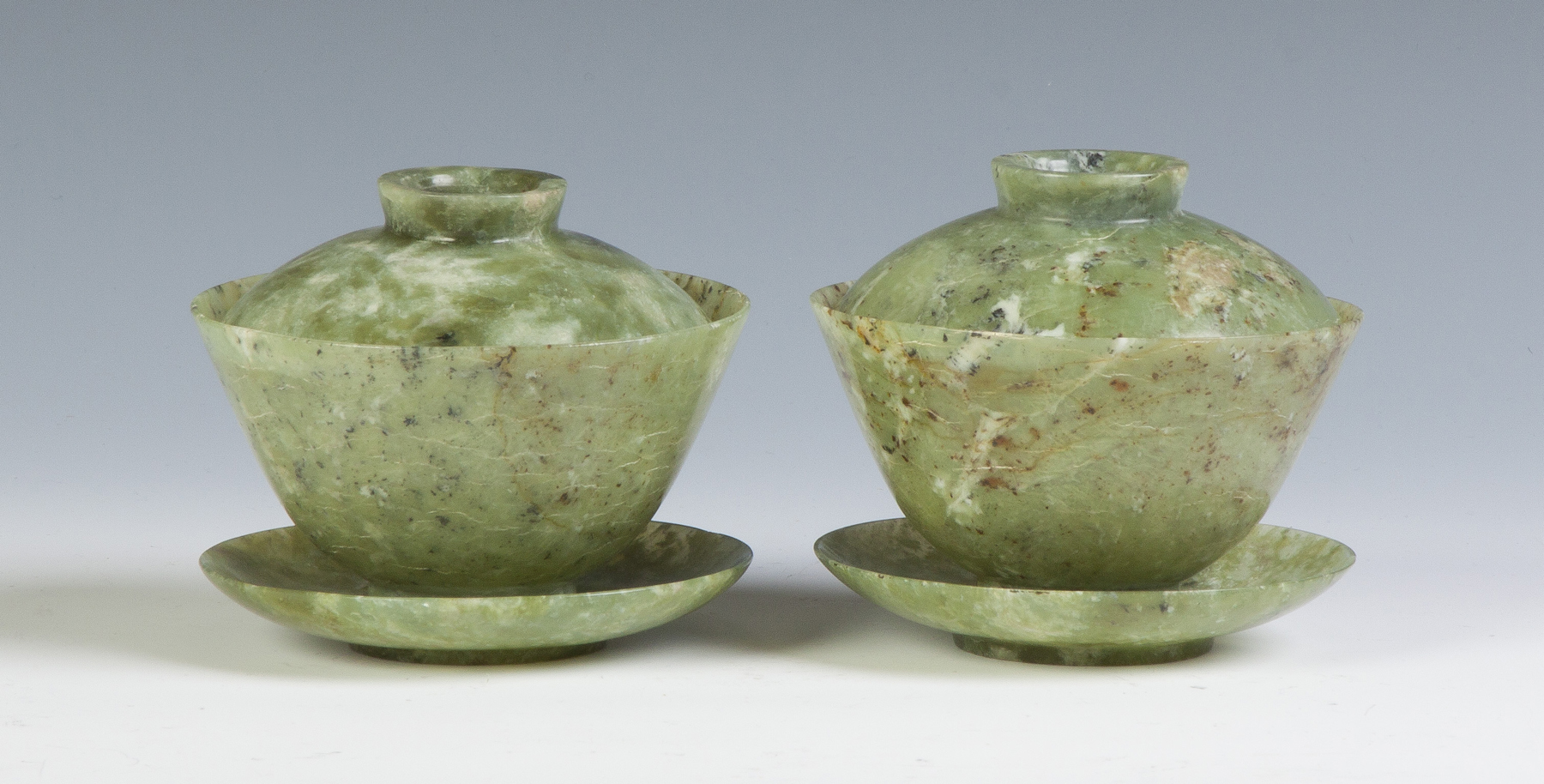 Appraisal: Set of Two Chinese Spinach Jade Covered Cups th cent