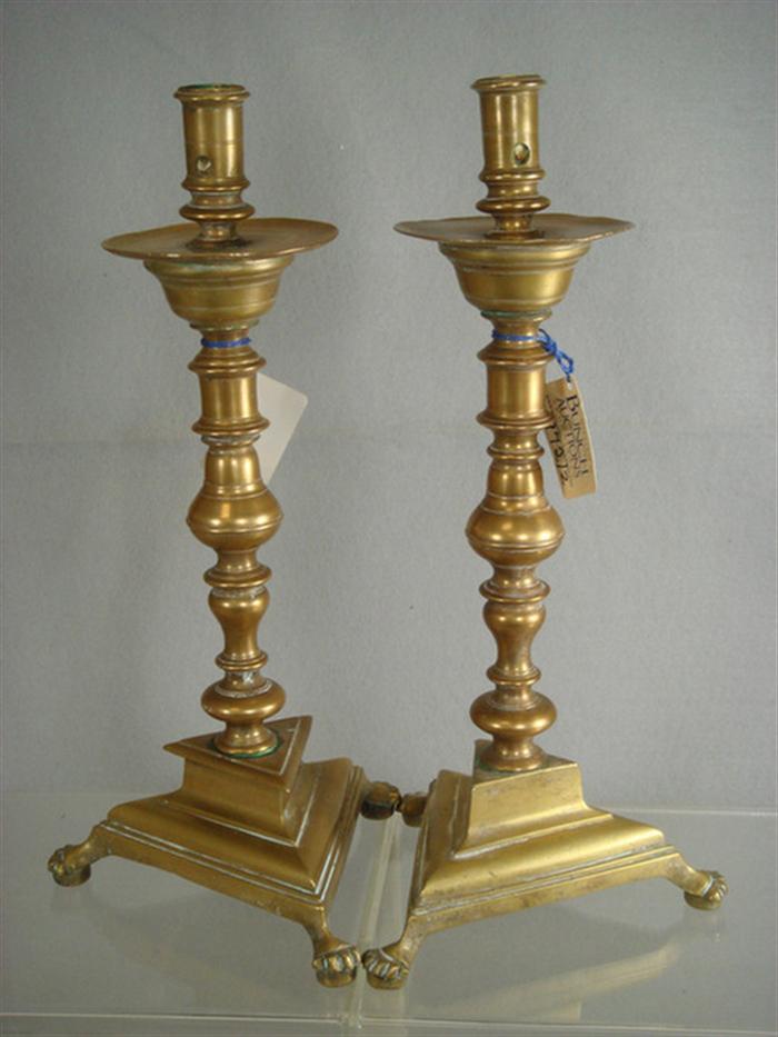 Appraisal: Pr brass Spanish Portuguese candlesticks triangular paw foot bases th