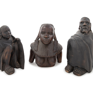 Appraisal: Three African Carved Wood Figures th Century Height of tallest