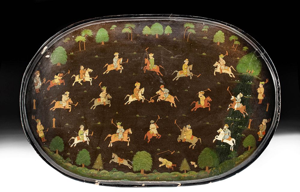 Appraisal: th C Persian Lacquered Wood Tray w Polo Match Originally