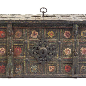 Appraisal: A Continental Polychrome Decorated Iron Strong Box th Century Height