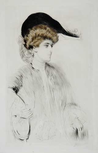 Appraisal: PAUL C SAR HELLEU Femme avec Chapeau Plumes Color drypoint