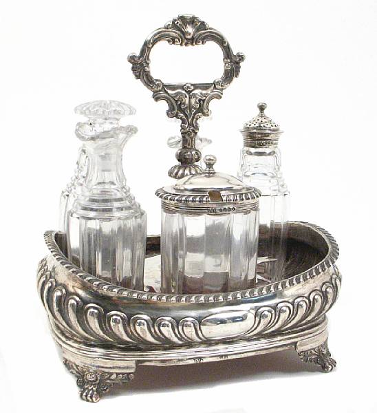 Appraisal: William IV silver cruet stand with partial fittingsMaker's mark overstruck