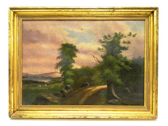 Appraisal: Unsigned oil on canvas landscape road with trees signed verso