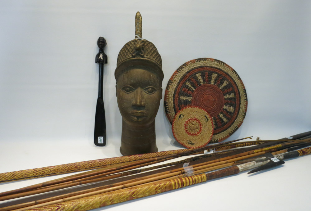 Appraisal: COLLECTION OF AFRICAN ART including a brass head a wood