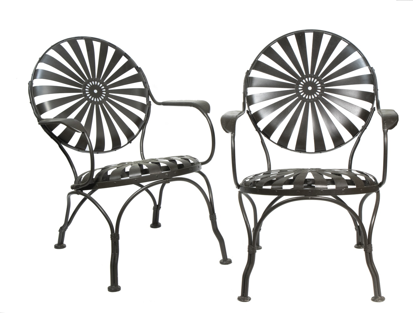 Appraisal: PR FRANCOIS CARRE SUNBURST PATIO CHAIRS Pair of Bronze Finished