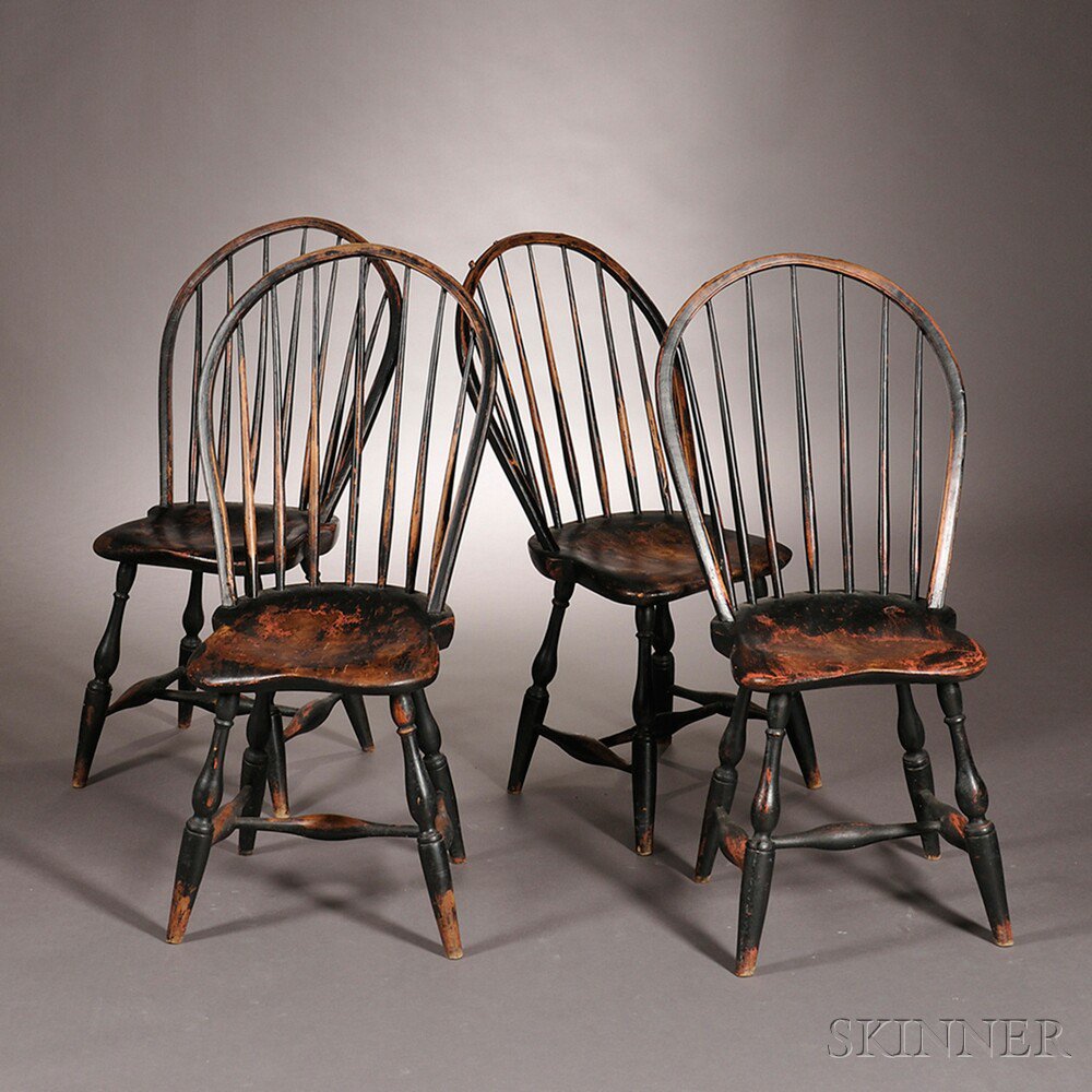 Appraisal: Set of Four Black-painted Bow-back Windsor Side Chairs probably New