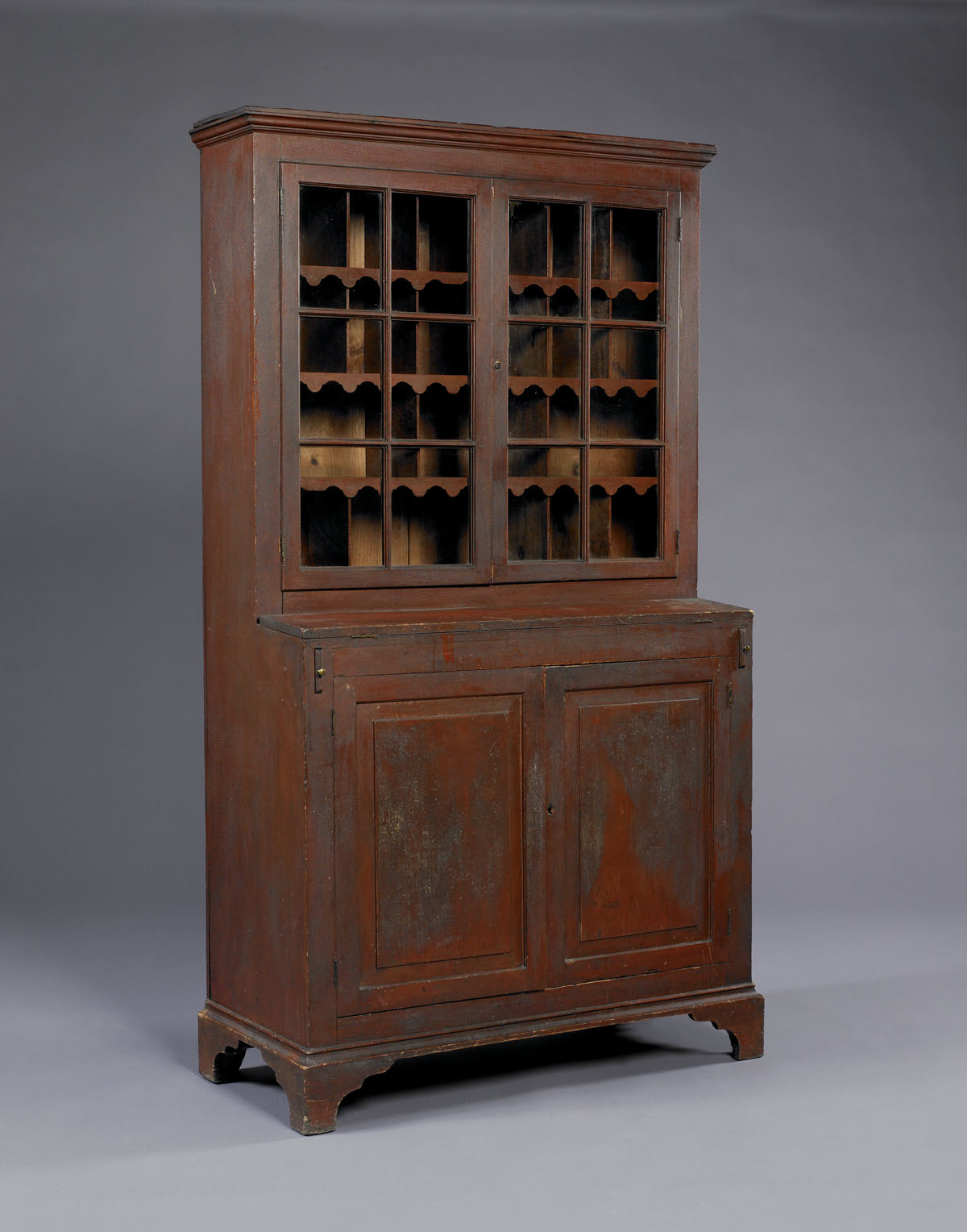 Appraisal: NEW ENGLAND CHIPPENDALE STEP-BACK PINE CUPBOARD IN ORIGINAL RED WASH