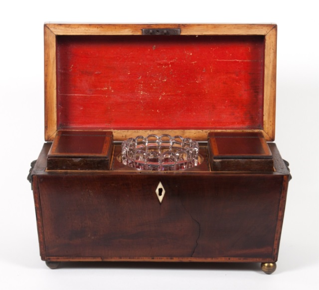 Appraisal: Regency mahogany tea caddy circa inlaid sarcophagus form with lion