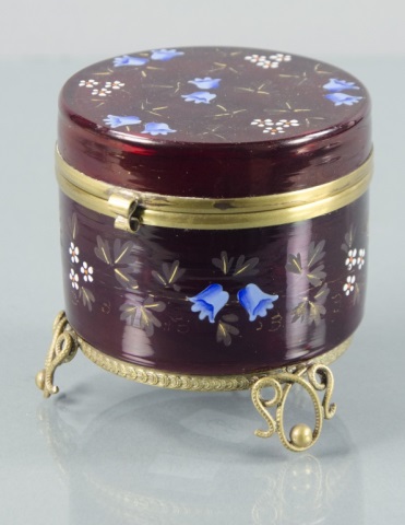 Appraisal: Ruby-Flashed Trinket BoxHinged lid Decorated with enameled bluebells and white