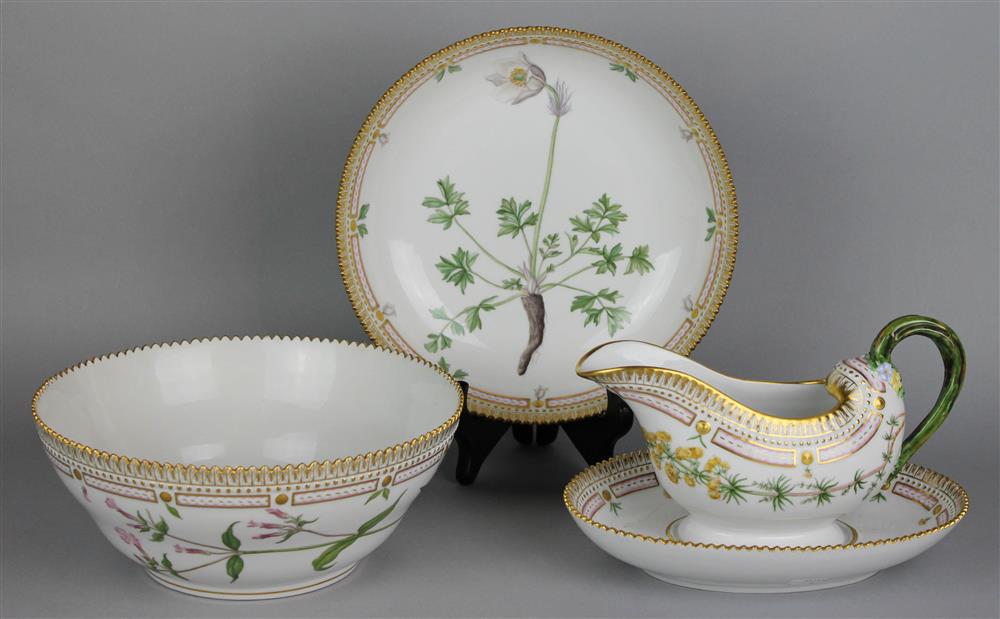 Appraisal: THREE ROYAL COPENHAGEN 'FLORA DANICA' SERVING PIECES green printed and