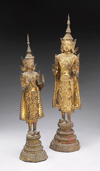 Appraisal: Two Thai gilt lacquered bronze figures of Shakyamuni Bangkok Period