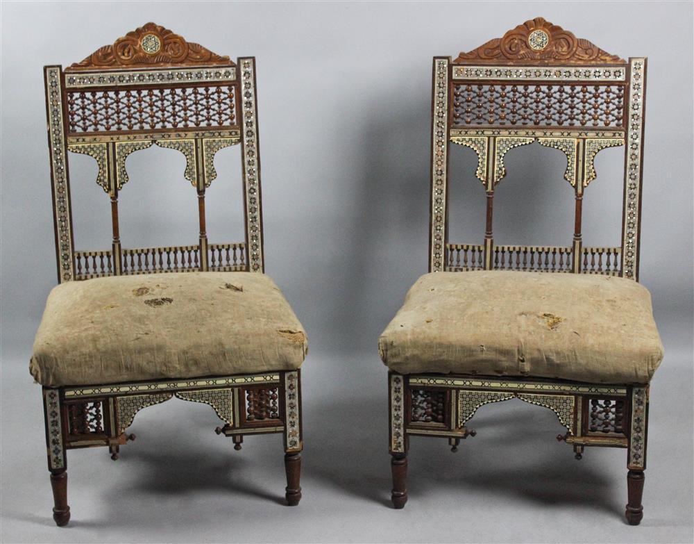 Appraisal: PAIR OF LARGE MOORISH PARQUETRY INLAID HALL CHAIRS late th