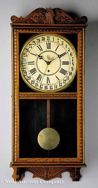 Appraisal: An Antique American Carved Oak Calendar Clock th c scrolling