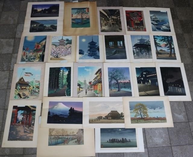 Appraisal: JAPANESE WOODBLOCK PRINTS AND CHINESEWATERCOLOR TO INCLUDE PRINTS BY NISABURO