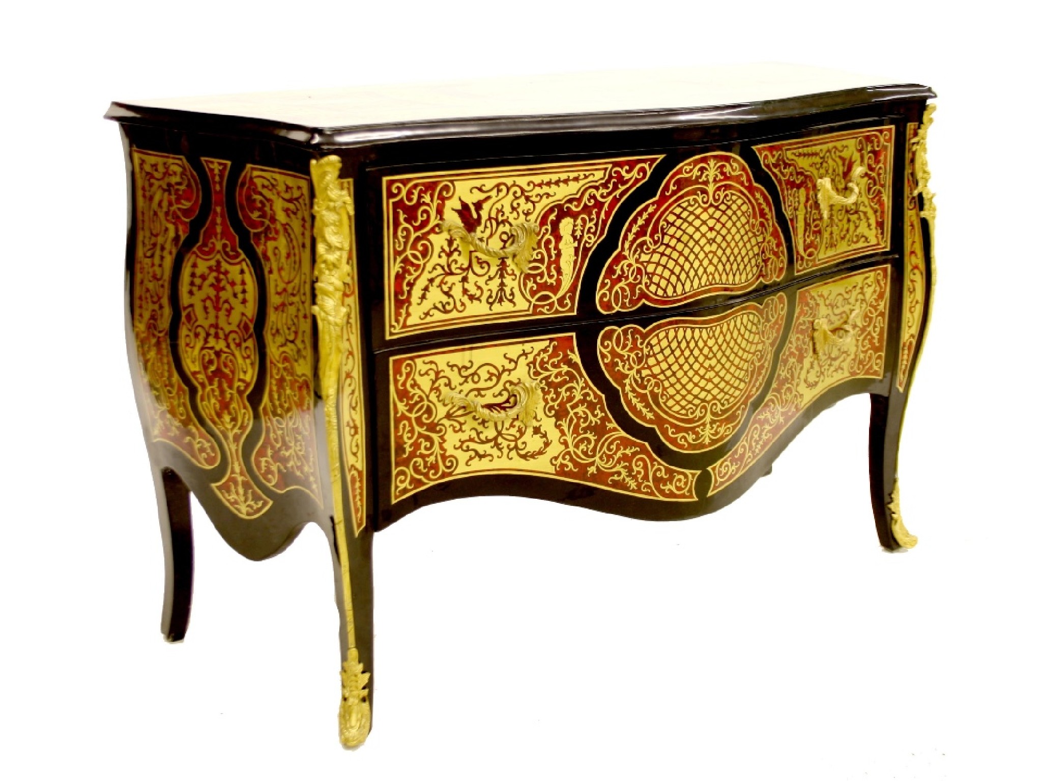 Appraisal: Decorative French ebonised boulle work serpentine chest fitted with two