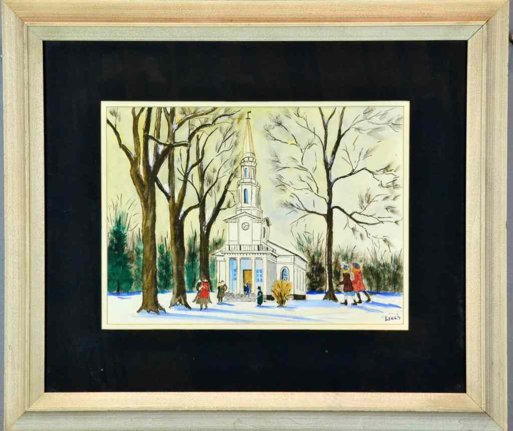 Appraisal: Leach Watercolor On PaperDepicting a winterscape white steepled church with