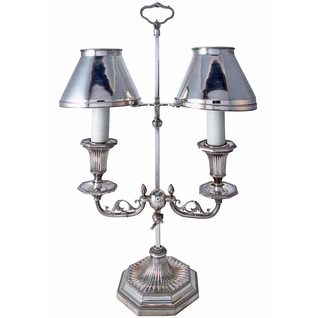 Appraisal: Empire Style Silver Plated Two-Light Bouillotte Lamp With curved candle