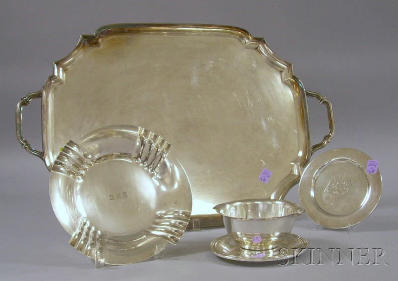 Appraisal: Four Silver Plated Serving Items a handled tray a double