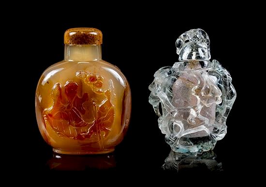 Appraisal: Two Carved Snuff Bottles Height overall of taller inches Two