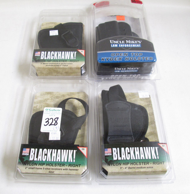 Appraisal: NINE HANDGUN HOLSTERS Blackhawk sizes 's 's 's plus Uncle