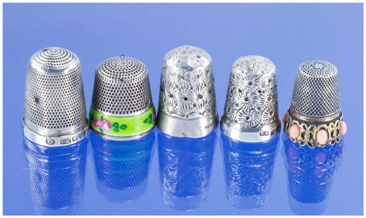 Appraisal: Collection Of Five Silver Thimbles Comprising Three English Fully Hallmarked