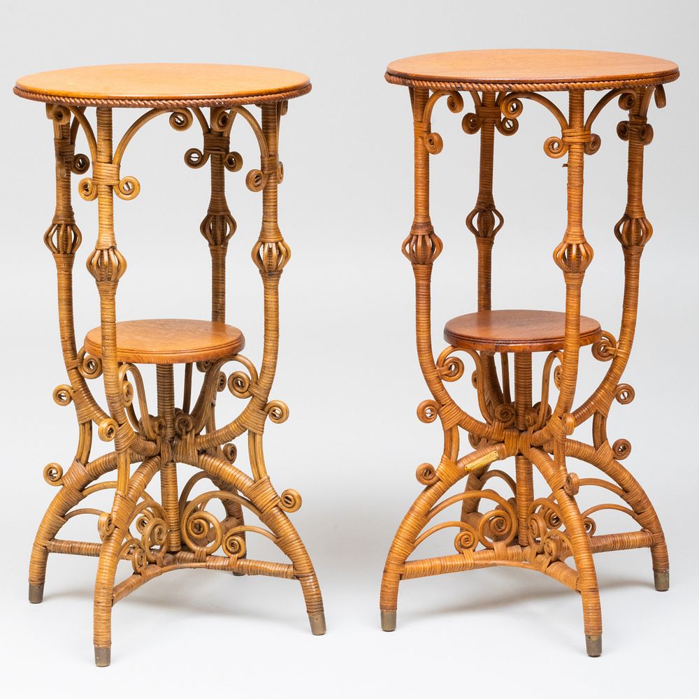 Appraisal: Two Heywood and Wakefield Oak and Wicker Stands One with