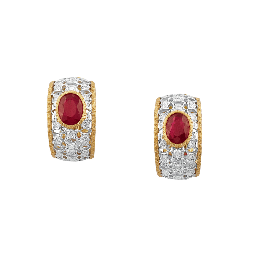 Appraisal: Pair of Two-Color Gold Ruby and Diamond Hoop Earrings Mario