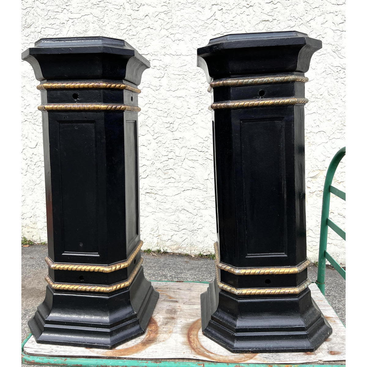 Appraisal: Pair Tall Heavy Iron Pedestal Stands Decorative Rope Trim Very