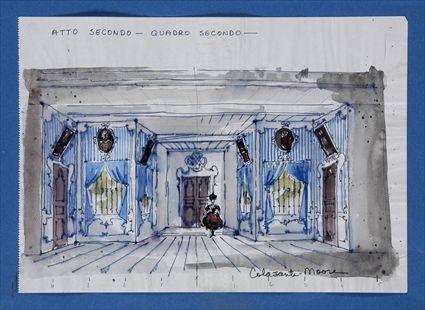 Appraisal: COLASANTI-MOORE THREE SET DESIGNS FOR THE BARBER OF SEVILLE Watercolor