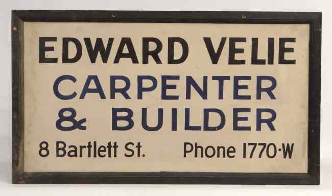 Appraisal: Early ''Edward Vellie Carpenter '' painted masonite trade sign ''