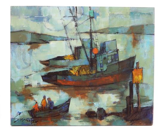 Appraisal: th C unframed oil on canvas depicting harbor scene with