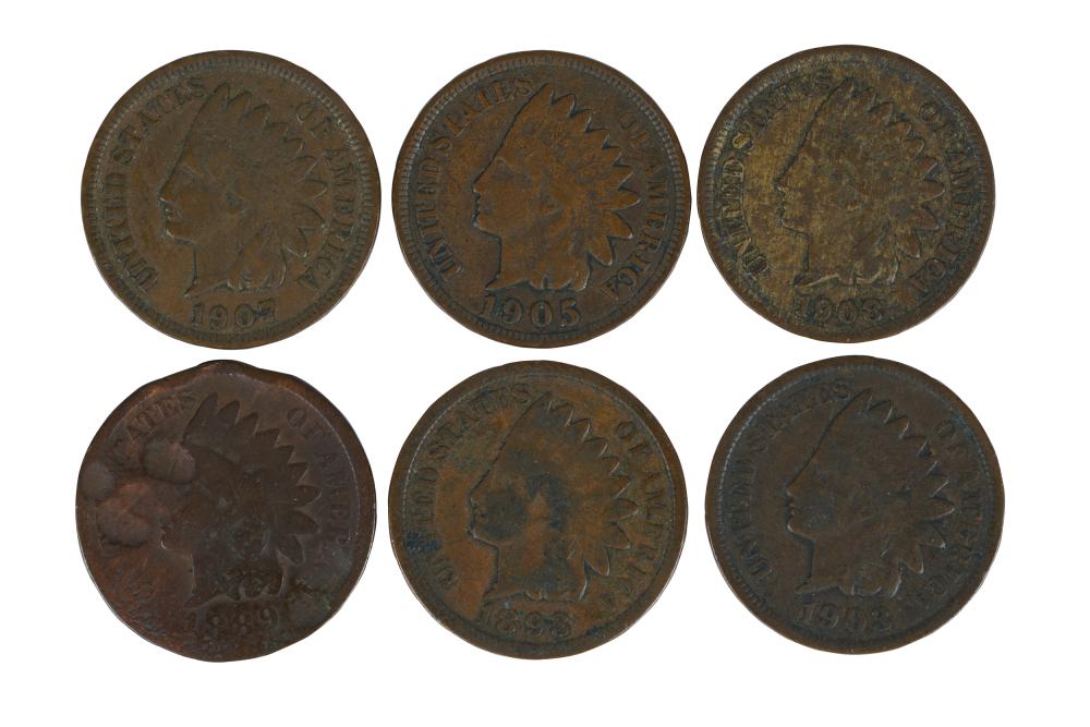 Appraisal: SIX INDIAN HEAD PENNIESyears and Condition all with wear the