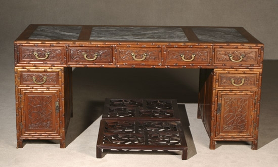 Appraisal: Chinese Hongmu Mottled Gray Marble Inset Top Two-Pedestal Writing Table