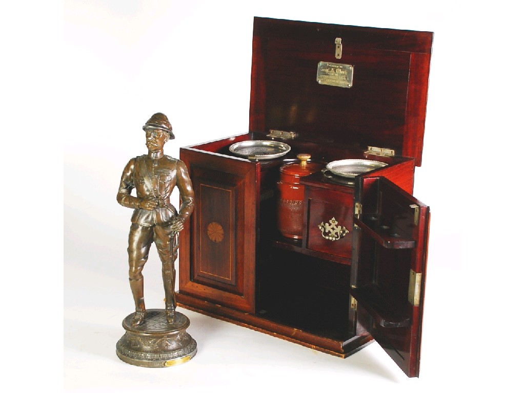 Appraisal: EDWARDIAN INLAID MAHOGANY SMOKERS COMPENDIUM COMPLETE with tobacco jar and