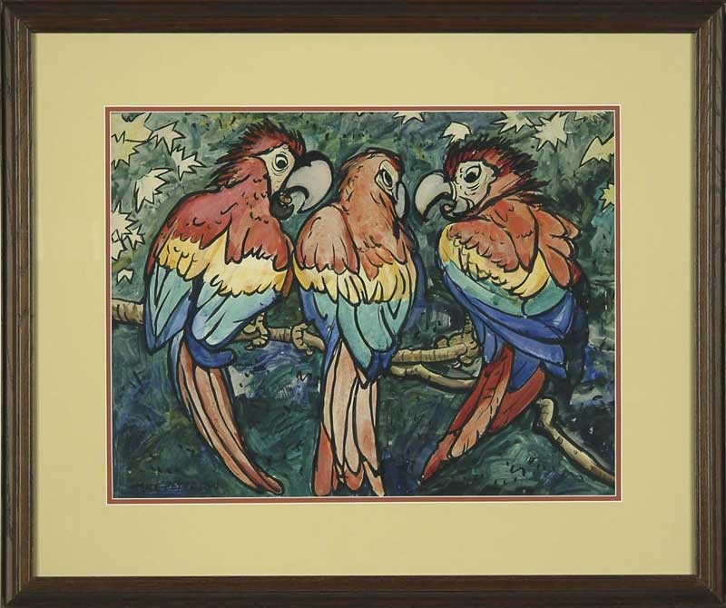 Appraisal: JANE PETERSON American - THREE MACAWS Large watercolor on paper