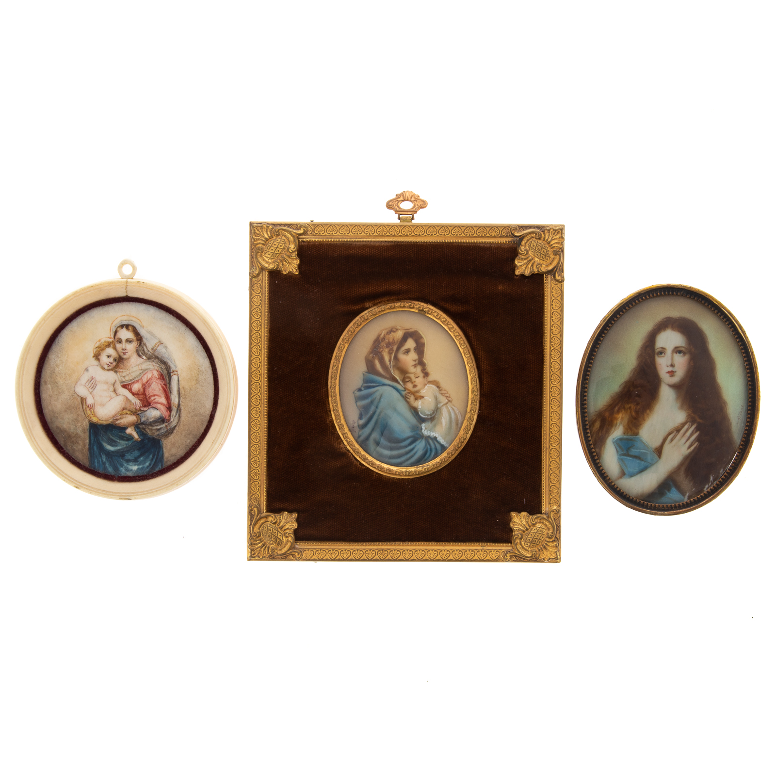 Appraisal: THREE RELIGIOUS MINIATURE PAINTINGS th century gouaches Madonna Child after