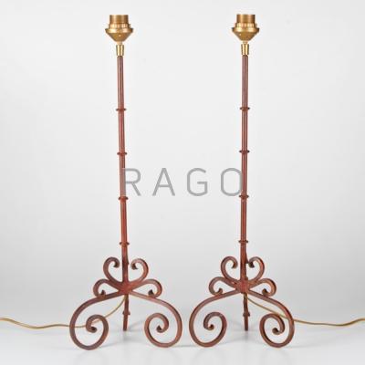 Appraisal: FRENCH Pair of patinated iron table lamps s Unmarked x