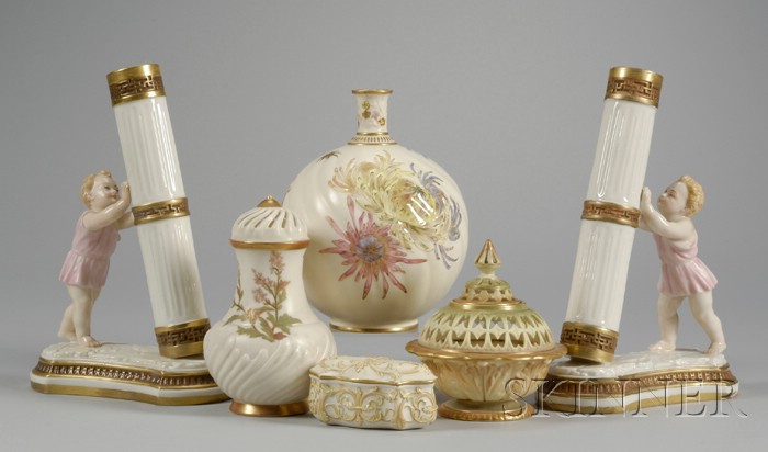 Appraisal: Six Royal Worcester Gilt and Hand-painted Porcelain Table Items a