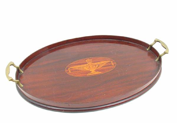 Appraisal: An English inlaid mahogany two handled tray width in depth