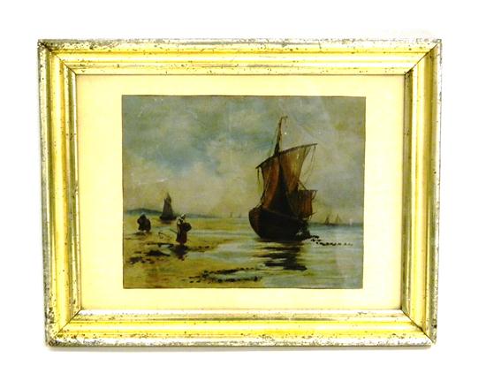 Appraisal: Unsigned oil on canvas beached sailboat with fisherwoman matted and