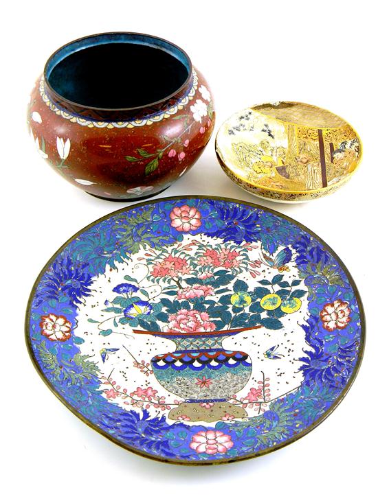 Appraisal: ASIAN three pieces of Japanese th C cloisonn charger with