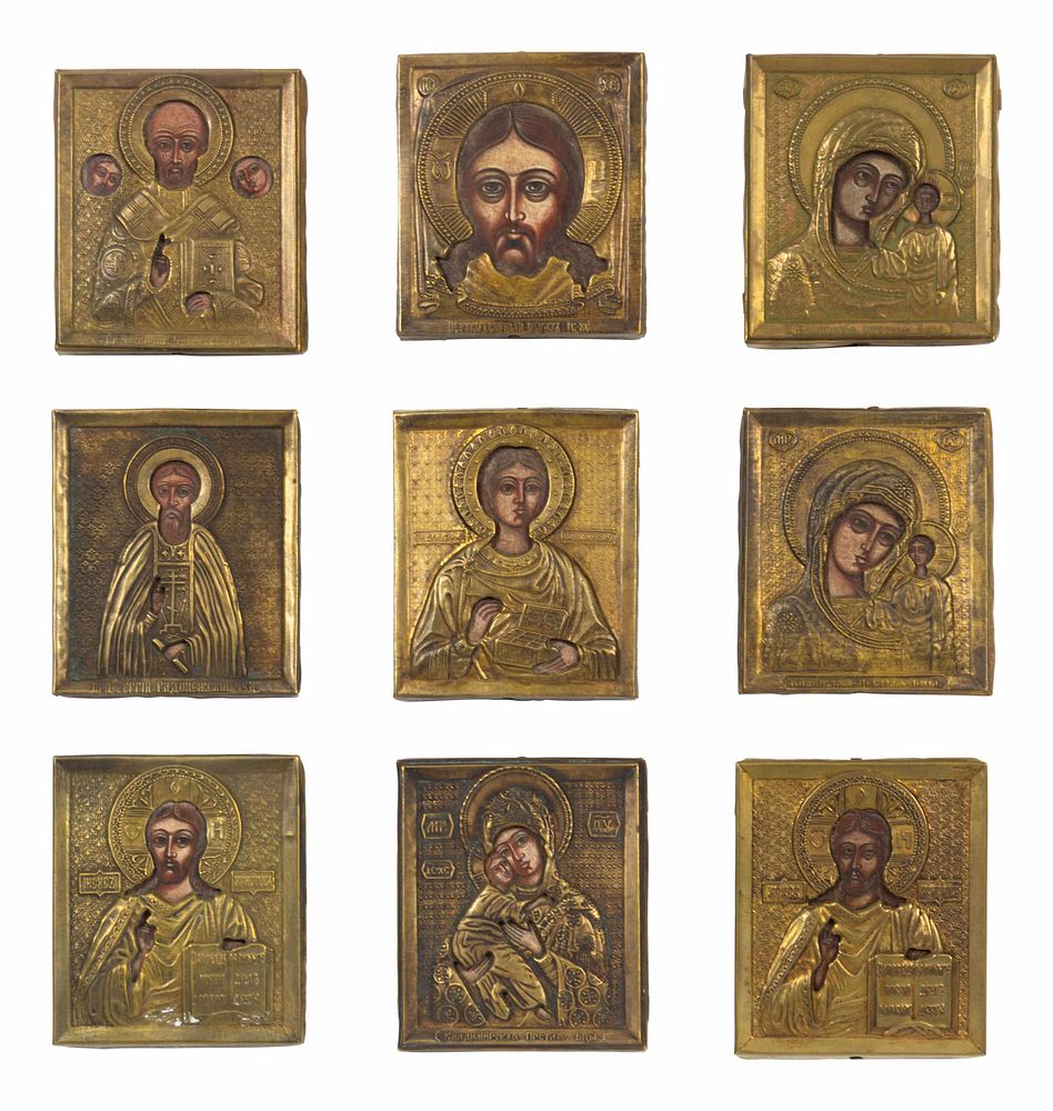 Appraisal: Nine Russian Brass Oklad Mounted Miniature Icons of Saints Nine